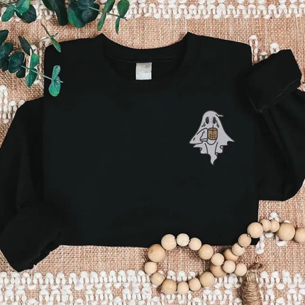 Vintage Ghost with Coffee Sweatshirt, Cute Halloween Ghost Sweatshirt, Embroidered Fall Crewneck Jumper, Spooky Outfits, Coffee Lovers Gifts