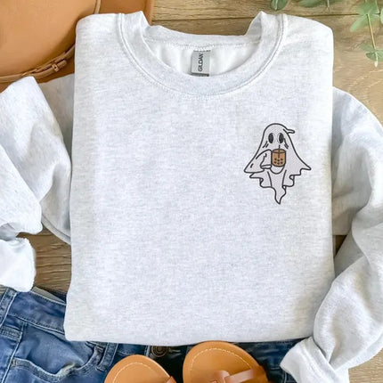 Vintage Ghost with Coffee Sweatshirt, Cute Halloween Ghost Sweatshirt, Embroidered Fall Crewneck Jumper, Spooky Outfits, Coffee Lovers Gifts