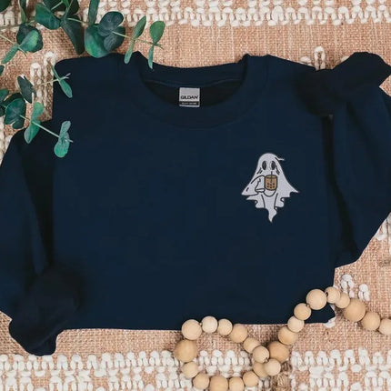 Vintage Ghost with Coffee Sweatshirt, Cute Halloween Ghost Sweatshirt, Embroidered Fall Crewneck Jumper, Spooky Outfits, Coffee Lovers Gifts