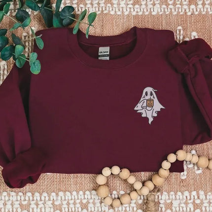 Vintage Ghost with Coffee Sweatshirt, Cute Halloween Ghost Sweatshirt, Embroidered Fall Crewneck Jumper, Spooky Outfits, Coffee Lovers Gifts