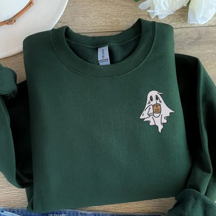 Vintage Ghost with Coffee Sweatshirt, Cute Halloween Ghost Sweatshirt, Embroidered Fall Crewneck Jumper, Spooky Outfits, Coffee Lovers Gifts