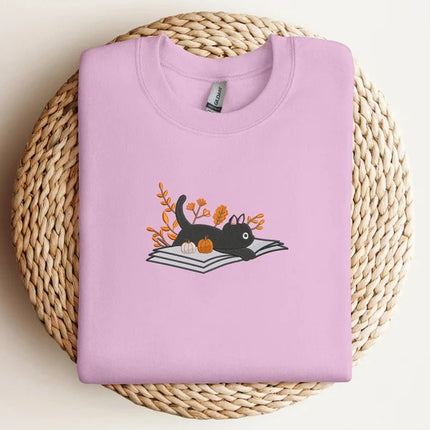 Embroidered Halloween Cat Sweater, Vintage Black Cat Lying on Book Sweatshirt