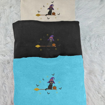 Embroidered Cat Witch Sweatshirt, Halloween Black Cat Sweatshirt