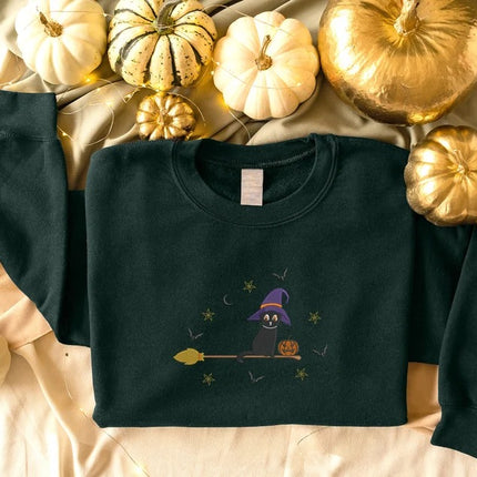 Embroidered Cat Witch Sweatshirt, Halloween Black Cat Sweatshirt