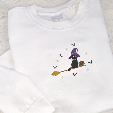 Embroidered Cat Witch Sweatshirt, Halloween Black Cat Sweatshirt