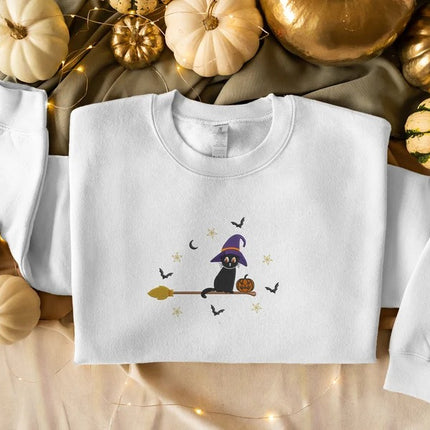 Embroidered Cat Witch Sweatshirt, Halloween Black Cat Sweatshirt