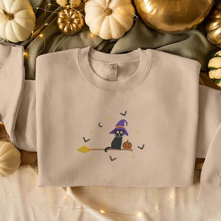 Embroidered Cat Witch Sweatshirt, Halloween Black Cat Sweatshirt