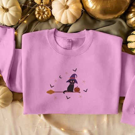 Embroidered Cat Witch Sweatshirt, Halloween Black Cat Sweatshirt