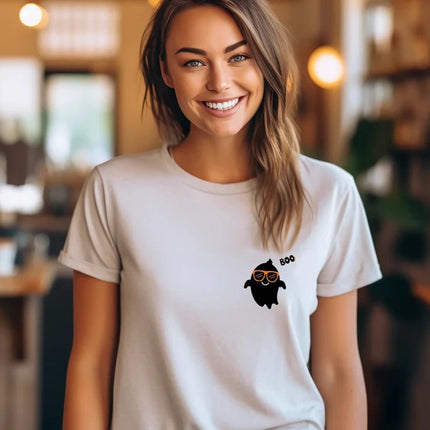 Halloween Cute Ghost Tee Shirt, Funny Fall Boo Pocket Print T-Shirt, Vintage Halloween Comfy Adults Tees, Spooky Season Tee, Halloween Gifts