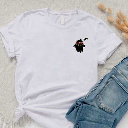 Halloween Cute Ghost Tee Shirt, Funny Fall Boo Pocket Print T-Shirt, Vintage Halloween Comfy Adults Tees, Spooky Season Tee, Halloween Gifts