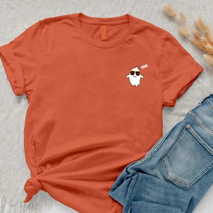 Halloween Cute Ghost Tee Shirt, Funny Fall Boo Pocket Print T-Shirt, Vintage Halloween Comfy Adults Tees, Spooky Season Tee, Halloween Gifts
