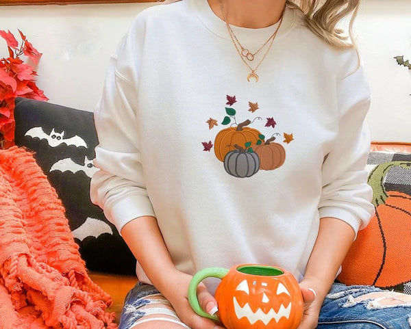 Halloween Pumpkin Sweatshirt, Autumn Fall Leaves Sweatshirt, Vintage Embroidered Crewneck Jumper, Fall Thanksgiving Clothing Gifts for Him