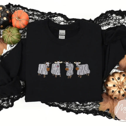Halloween Ghost Cows Sweater, Vintage Halloween Embroidered Sweatshirt