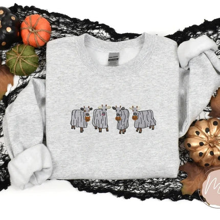 Halloween Ghost Cows Sweater, Vintage Halloween Embroidered Sweatshirt