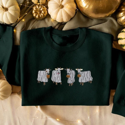 Halloween Ghost Cows Sweater, Vintage Halloween Embroidered Sweatshirt