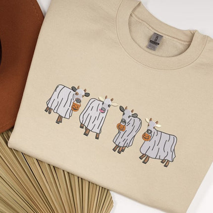 Halloween Ghost Cows Sweater, Vintage Halloween Embroidered Sweatshirt