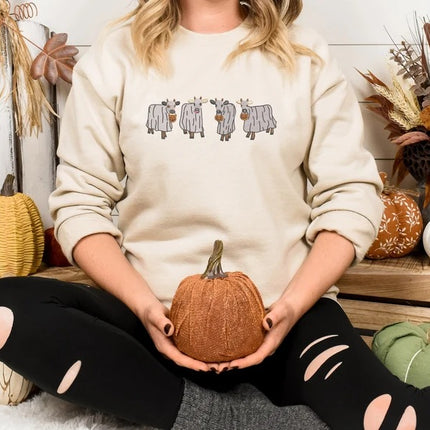 Halloween Ghost Cows Sweater, Vintage Halloween Embroidered Sweatshirt
