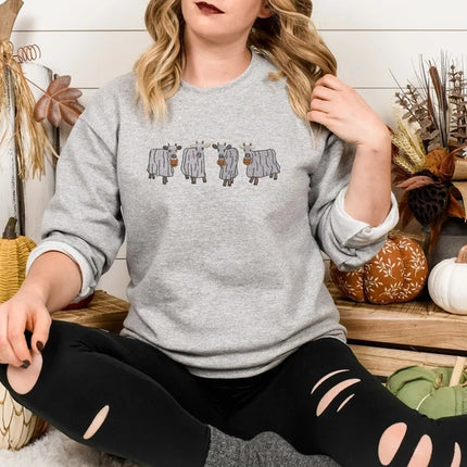 Halloween Ghost Cows Sweater, Vintage Halloween Embroidered Sweatshirt