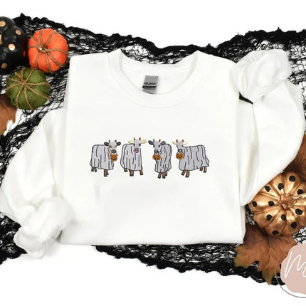 Halloween Ghost Cows Sweater, Vintage Halloween Embroidered Sweatshirt