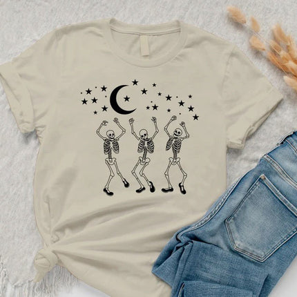 Halloween Dancing Skeleton Tee Shirt, Vintage Skull Fall Printed T-Shirt, Halloween Party Skeleton Shirt for Adults, Spooky Season Outfits