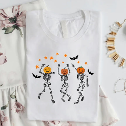 Halloween Pumpkin Skeleton T-Shirt, Vintage Dancing Skeleton Printed Shirt, Skull Fall Matching Tee Shirt, Halloween Night Party Clothing