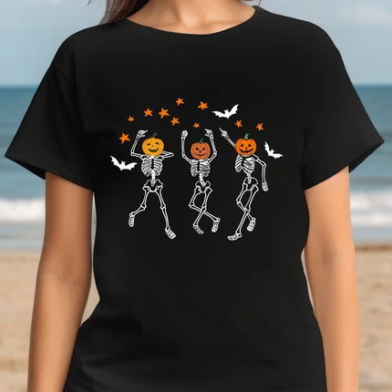 Halloween Pumpkin Skeleton T-Shirt, Vintage Dancing Skeleton Printed Shirt, Skull Fall Matching Tee Shirt, Halloween Night Party Clothing