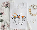 Halloween Pumpkin Skeleton T-Shirt, Vintage Dancing Skeleton Printed Shirt, Skull Fall Matching Tee Shirt, Halloween Night Party Clothing