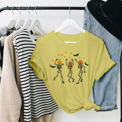 Halloween Pumpkin Skeleton T-Shirt, Vintage Dancing Skeleton Printed Shirt, Skull Fall Matching Tee Shirt, Halloween Night Party Clothing