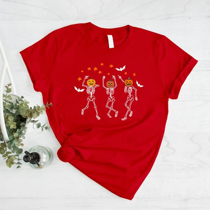 Halloween Pumpkin Skeleton T-Shirt, Vintage Dancing Skeleton Printed Shirt, Skull Fall Matching Tee Shirt, Halloween Night Party Clothing