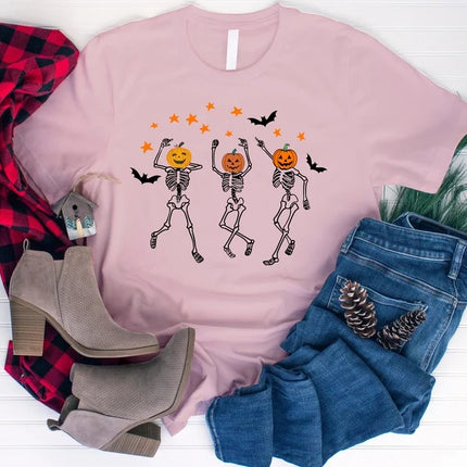 Halloween Pumpkin Skeleton T-Shirt, Vintage Dancing Skeleton Printed Shirt, Skull Fall Matching Tee Shirt, Halloween Night Party Clothing