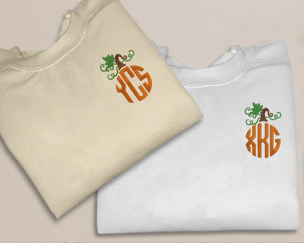 Custom Fall Pumpkin Monogram Sweater, Custom Name Initials Halloween Sweatshirt, Vintage Embroidered Jumper, Personalised Halloween Gifts