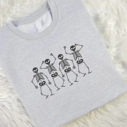 Halloween Dancing Skeletons Sweater, Embroidered Dainty Skull Sweatshirt