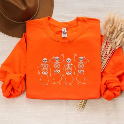 Halloween Dancing Skeletons Sweater, Embroidered Dainty Skull Sweatshirt