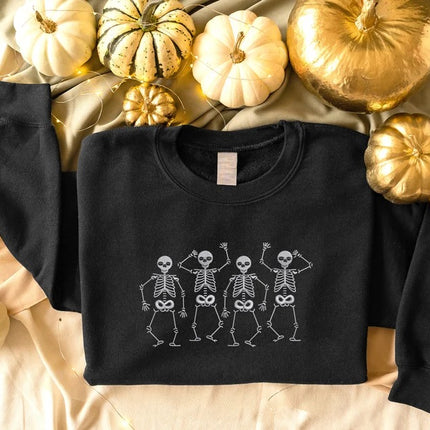 Halloween Dancing Skeletons Sweater, Embroidered Dainty Skull Sweatshirt