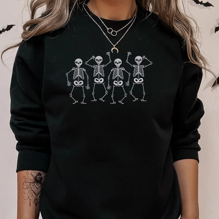 Halloween Dancing Skeletons Sweater, Embroidered Dainty Skull Sweatshirt