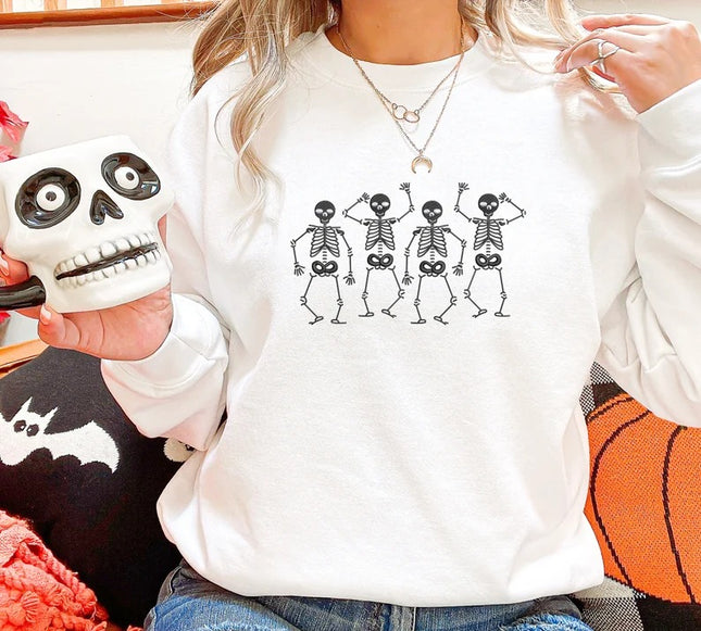 Halloween Dancing Skeletons Sweater, Embroidered Dainty Skull Sweatshirt