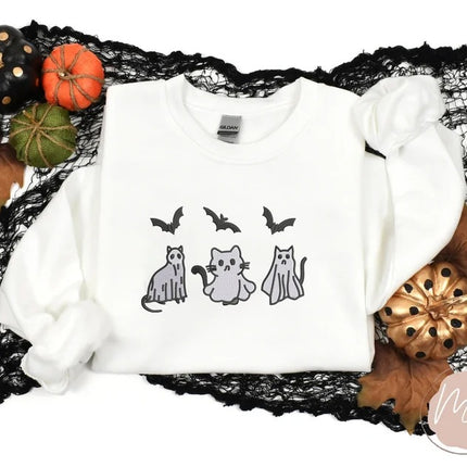 Halloween Ghost Cats Sweatshirt, Embroidered Halloween Bats Sweater