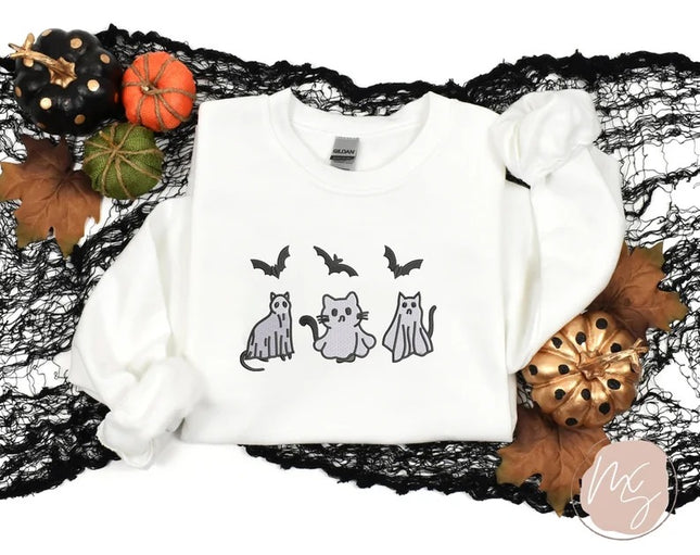 Halloween Ghost Cats Sweatshirt, Embroidered Halloween Bats Sweater