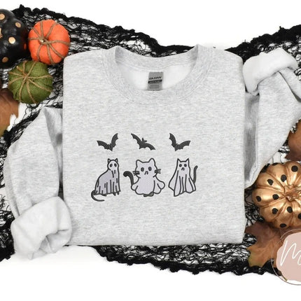 Halloween Ghost Cats Sweatshirt, Embroidered Halloween Bats Sweater