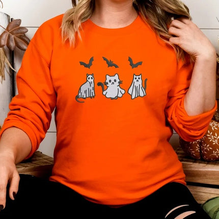 Halloween Ghost Cats Sweatshirt, Embroidered Halloween Bats Sweater