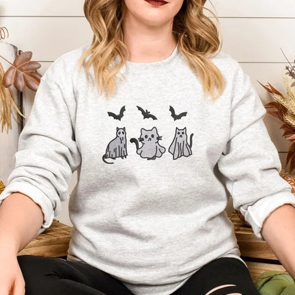 Halloween Ghost Cats Sweatshirt, Embroidered Halloween Bats Sweater