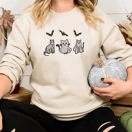 Halloween Ghost Cats Sweatshirt, Embroidered Halloween Bats Sweater
