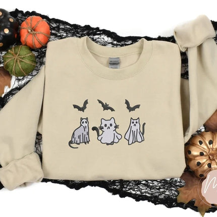 Halloween Ghost Cats Sweatshirt, Embroidered Halloween Bats Sweater
