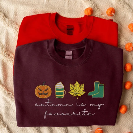 Autumn is My Favourite Sweatshirt, Embroidered Halloween Pumpkin Sweater, Vintage Autumn Leaves Jumper, Cute Halloween Clothing for Adults