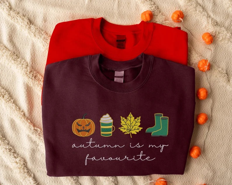 Autumn is My Favourite Sweatshirt, Embroidered Halloween Pumpkin Sweater, Vintage Autumn Leaves Jumper, Cute Halloween Clothing for Adults