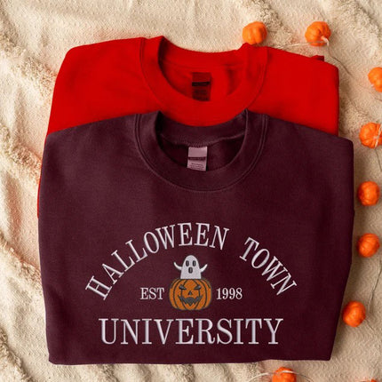 Halloween Town University Sweatshirt, Embroidered Halloween Fall Jumper, Spooky Season Crewneck Sweatshirt, Pumpkin Embroidery Est Outfits