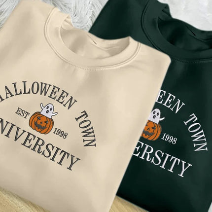 Halloween Town University Sweatshirt, Embroidered Halloween Fall Jumper, Spooky Season Crewneck Sweatshirt, Pumpkin Embroidery Est Outfits