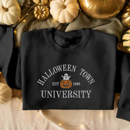 Halloween Town University Sweatshirt, Embroidered Halloween Fall Jumper, Spooky Season Crewneck Sweatshirt, Pumpkin Embroidery Est Outfits