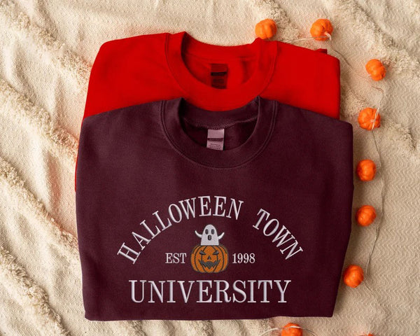 Halloween Town University Sweatshirt, Embroidered Halloween Fall Jumper, Spooky Season Crewneck Sweatshirt, Pumpkin Embroidery Est Outfits