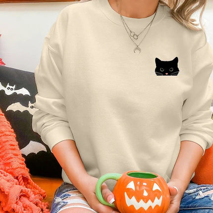 Cute Black Cat Halloween Sweatshirt, Fall Cat Printed Sweatshirt, Halloween Clothing